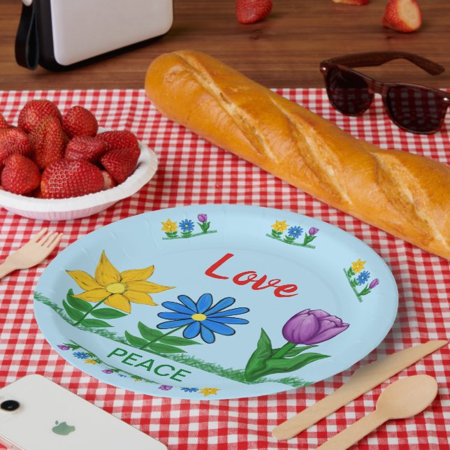 Love Peace Garden Flowers White  Paper Plate (Picnic)