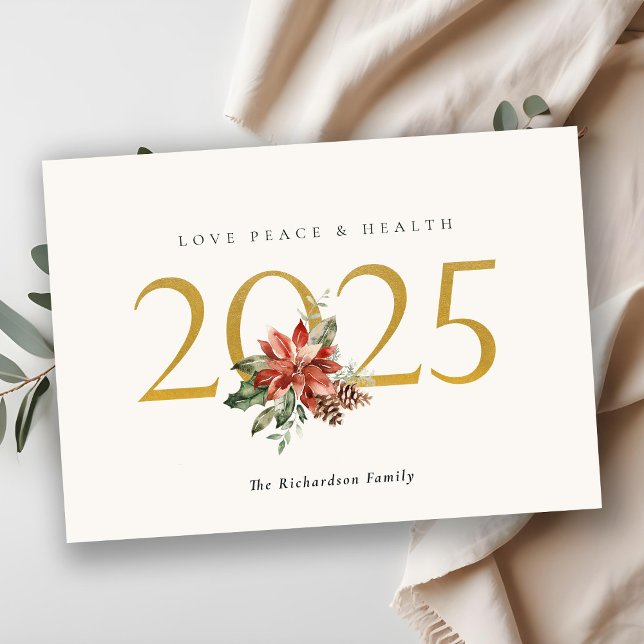 Love Peace Health Poinsettia Bunch Foil Gold 2023 Holiday Card (Creator Uploaded)