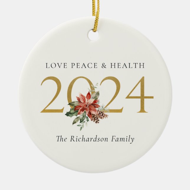 Love Peace Health Poinsettia Bunch Foil Gold 2024 Ceramic Tree Decoration (Front)