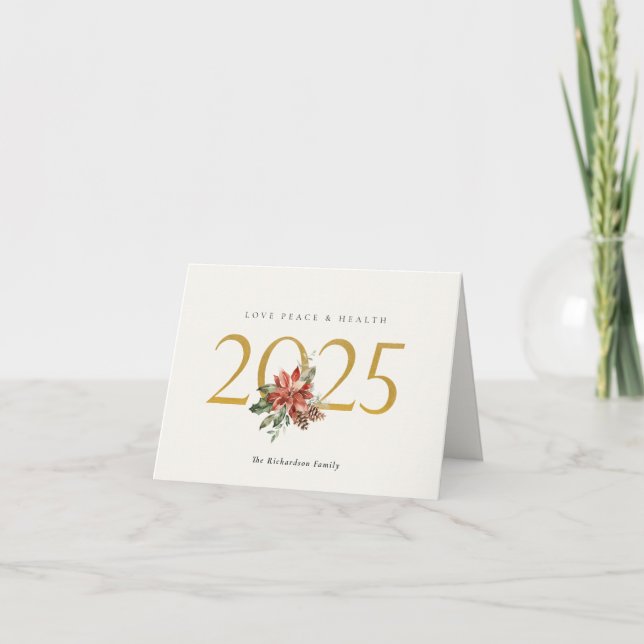 Love Peace Health Poinsettia Bunch Foil Gold 2025 Holiday Card (Front)