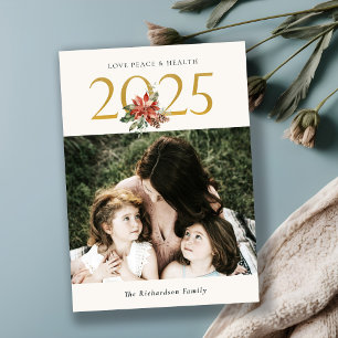 Love Peace Health Poinsettia Bunch Gold 2023 Photo Holiday Card