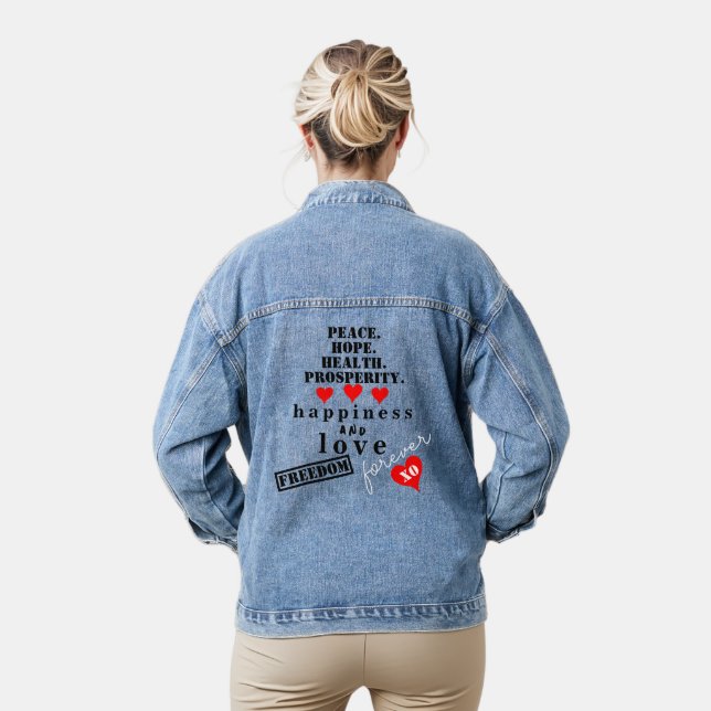 Love Peace Hope Freedom Red Hearts Denim Jacket (Model)
