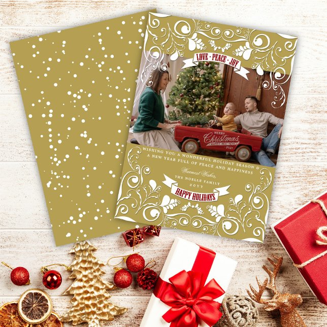 Love Peace Joy Art Nouveau Floral Flourish Photo Holiday Card (Creator Uploaded)