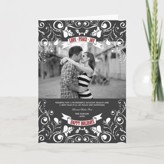 Love Peace Joy Art Nouveau Floral Flourish Photo Holiday Card (Front)