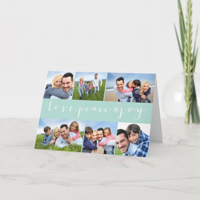 Love Peace Joy Calligraphy Modern 6 Photo Collage Holiday Card (Front)