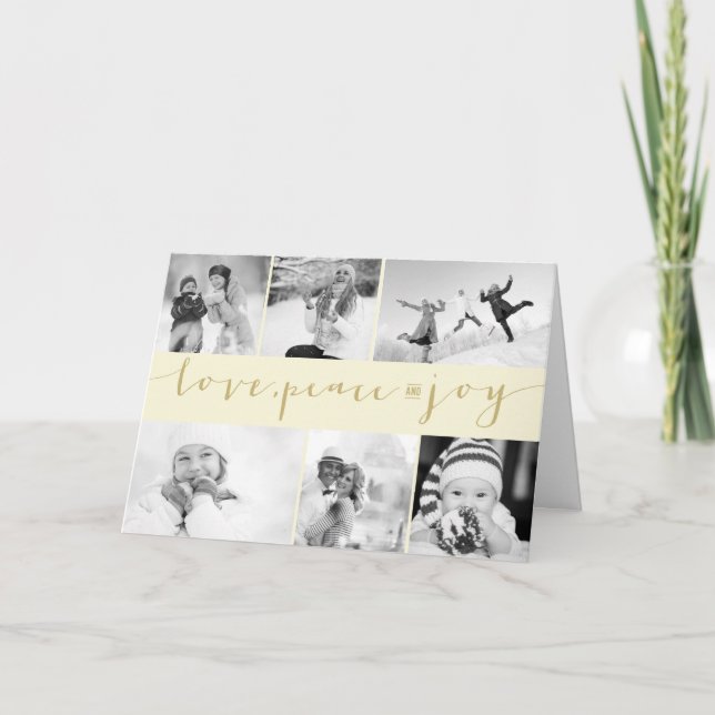 Love Peace Joy Calligraphy Modern 6 Photo Collage Holiday Card (Front)