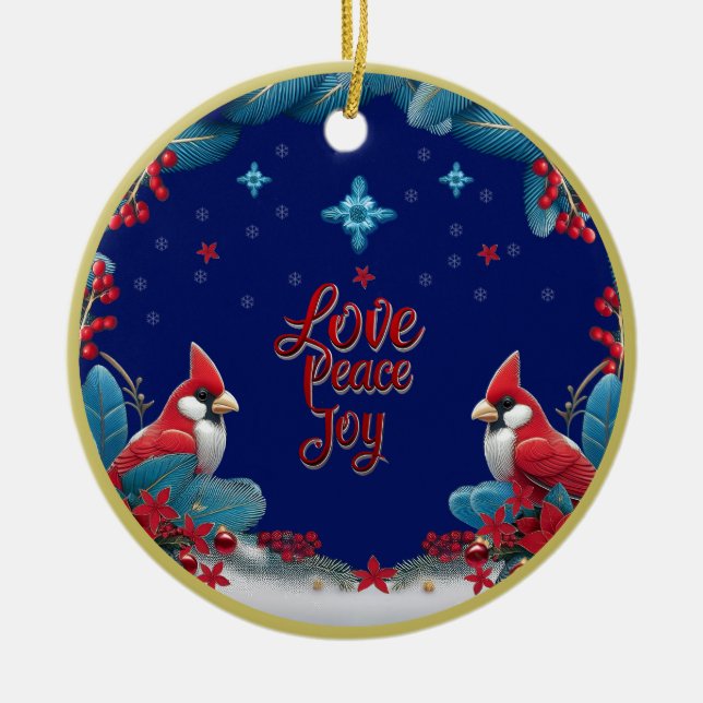 Love, Peace, Joy: Cardinal Christmas Ceramic Tree Decoration (Front)