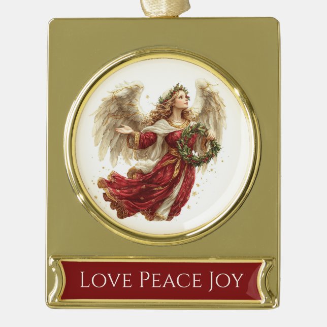 Love Peace Joy Christmas Angel Gold Plated Banner Ornament (Front)