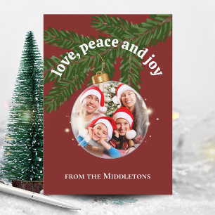 Love Peace Joy Christmas Arch Photo Burgundy Red Holiday Card