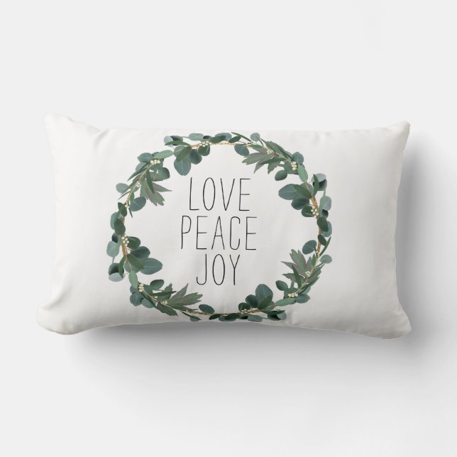 Love Peace Joy Christmas Eucalyptus Berry Wreath Lumbar Cushion (Front)
