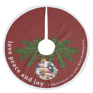 Love Peace Joy Christmas Family Photo Burgundy Red Brushed Polyester Tree Skirt