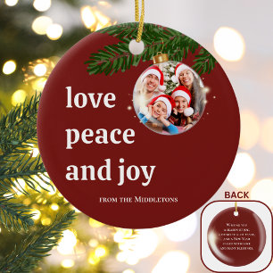 Love Peace Joy Christmas Family Photo Burgundy Red Ceramic Tree Decoration