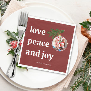 Love Peace Joy Christmas Family Photo Burgundy Red Napkin