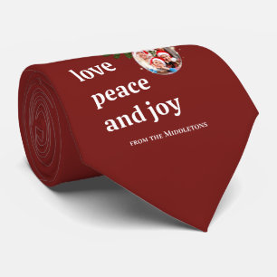 Love Peace Joy Christmas Family Photo Burgundy Red Tie