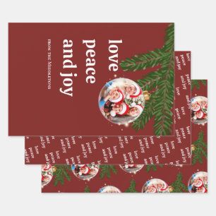 Love Peace Joy Christmas Family Photo Burgundy Wrapping Paper Sheet
