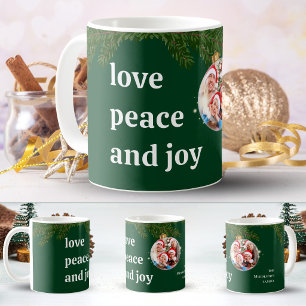 Love Peace Joy Christmas Family Photo Forest Green Coffee Mug