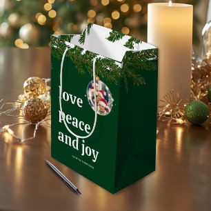 Love Peace Joy Christmas Family Photo Forest Green Medium Gift Bag