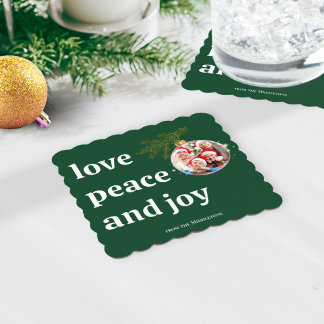 Love Peace Joy Christmas Family Photo Green Square Paper Coaster