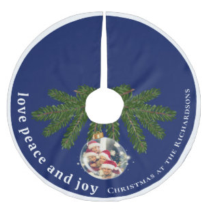 Love Peace Joy Christmas Family Photo Navy Blue Brushed Polyester Tree Skirt