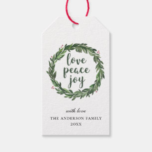 Love Peace Joy. Christmas Holiday floral wreath Gift Tags