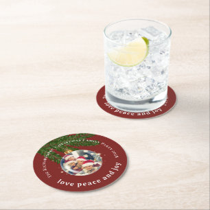 Love Peace Joy Christmas Party Photo Burgundy Red Round Paper Coaster