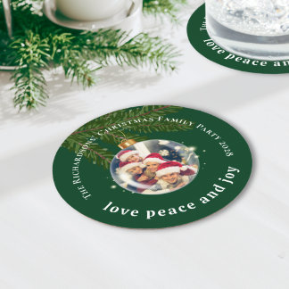 Love Peace Joy Christmas Party Photo Forest Green Round Paper Coaster