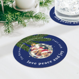 Love Peace Joy Christmas Party Photo Navy Blue Round Paper Coaster