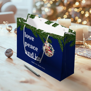 Love Peace Joy Christmas Photo Navy Blue Large Gift Bag