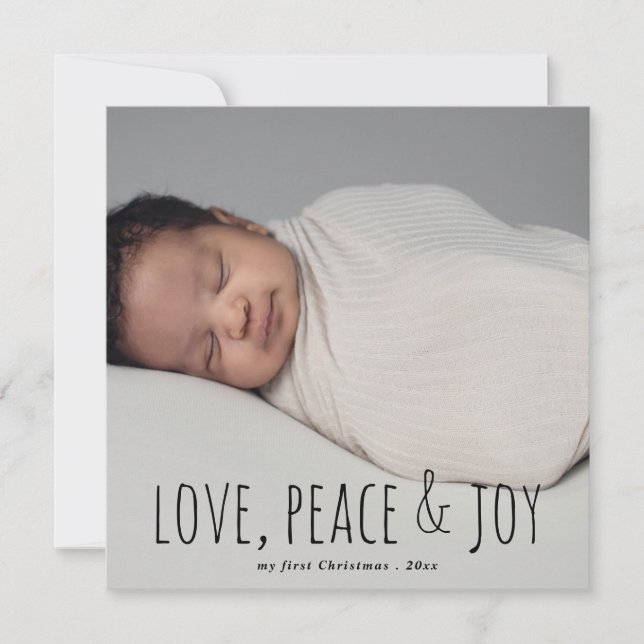 Love Peace & Joy | First Christmas Baby Photo Holiday Card (Front)