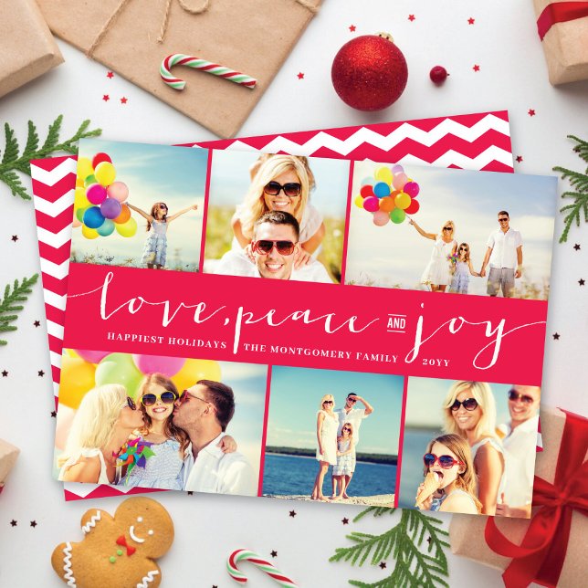 Love Peace Joy Fuchsia Band Modern Photo Collage Holiday Card (Creator Uploaded)