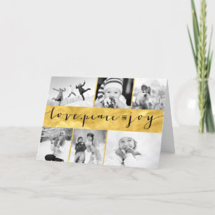 Love Peace Joy Gold Foil Stylish 6 Photo Collage Holiday Card