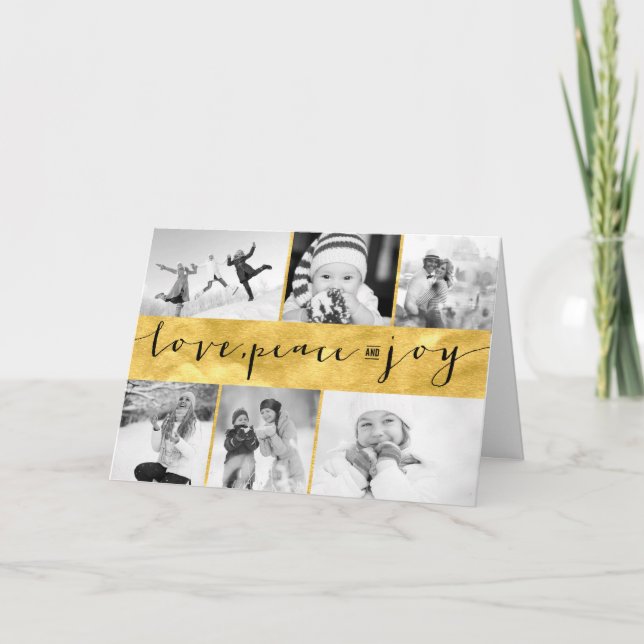 Love Peace Joy Gold Foil Stylish 6 Photo Collage Holiday Card (Front)