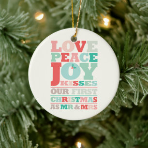 Love Peace Joy Kisses Colour Typography Christmas Ceramic Tree Decoration