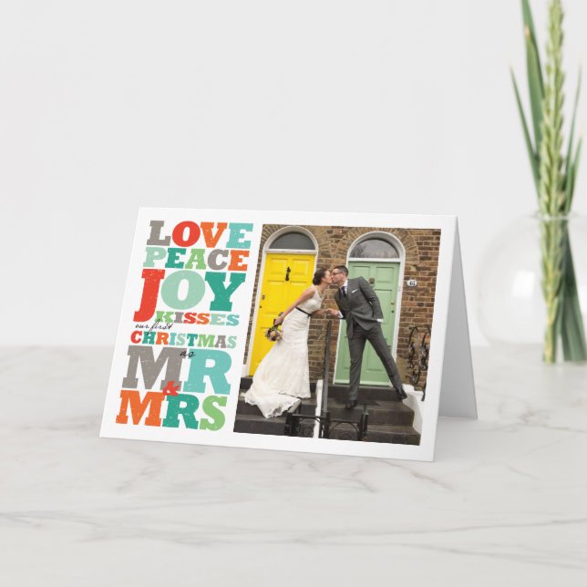 Love Peace Joy Kisses Colour Typography Christmas Holiday Card (Front)