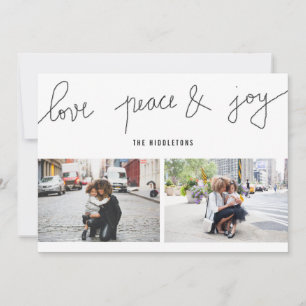 Love Peace Joy Modern Holiday Script Two Photo Card