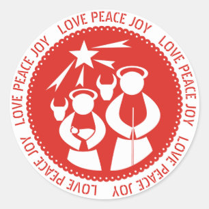 Love, Peace, Joy Nativity Scene red Christmas Classic Round Sticker