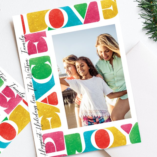 LOVE PEACE JOY one photo modern christmas frame Holiday Card (Creator Uploaded)