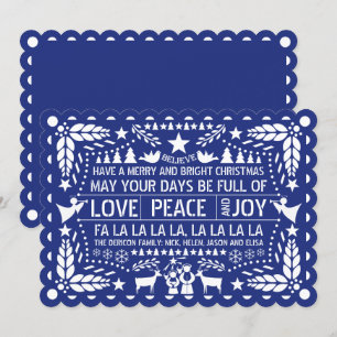 Love, Peace, Joy papel picado Blue Christmas Holiday Card