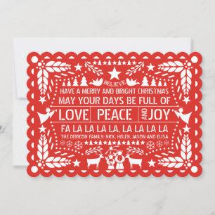 Love Peace, Joy papel picado red Christmas Holiday Card