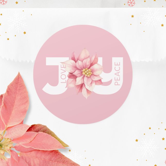 Love Peace Joy Pink Poinsettia Christmas Classic Round Sticker (Creator Uploaded)