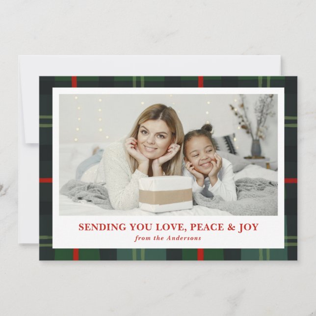 "Love, Peace & Joy" Plaid Holiday Photo Card (Front)