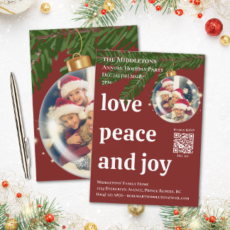 Love Peace Joy QR Photo Burgundy Christmas Party Invitation