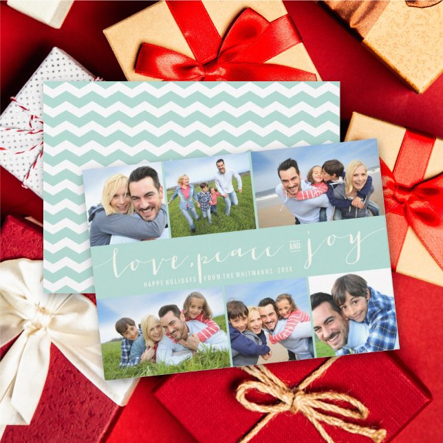 Love Peace Joy Script Blue Band Modern 6 Photo Holiday Card (Creator Uploaded)