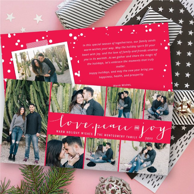Love Peace Joy Simple Trendy Script Modern 7 Photo Holiday Card (Creator Uploaded)