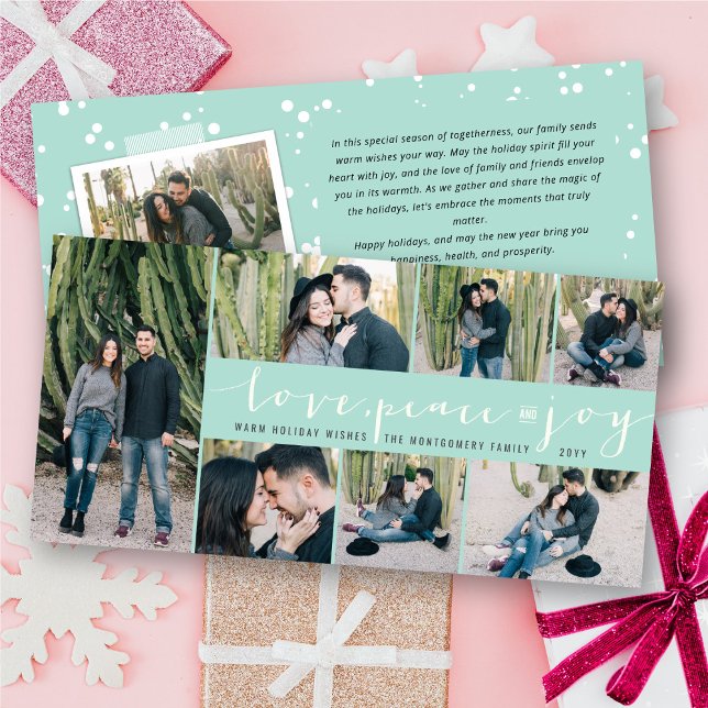 Love Peace Joy Simple Trendy Script Modern 7 Photo Holiday Card (Creator Uploaded)