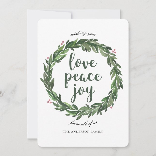 Love Peace Joy. Watercolor winter Christmas wreath Holiday Card (Front)