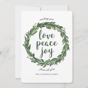 Love Peace Joy. Watercolor winter Christmas wreath Holiday Card