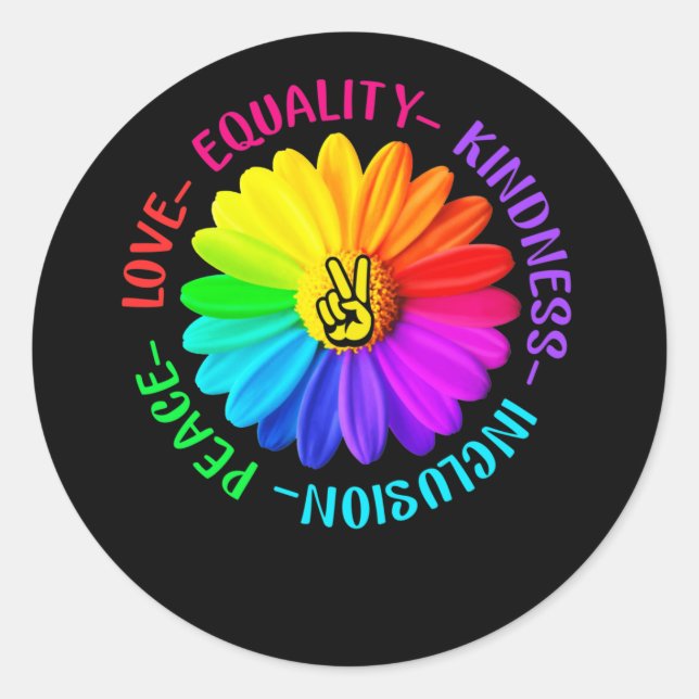 Love Peace Kindness Inclusion Peace Sign Daisy Classic Round Sticker (Front)