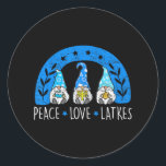 Love Peace Latkes Gnome Hanukkah Chanukah Jewish Classic Round Sticker<br><div class="desc">Love Peace Latkes Gnome Hanukkah Chanukah Jewish</div>