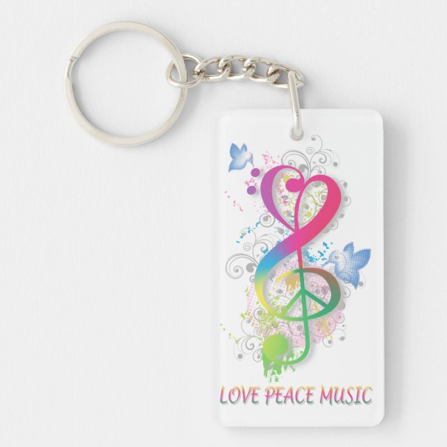 Love Peace Music Splatter swirls flowers birds Key Ring (Front)